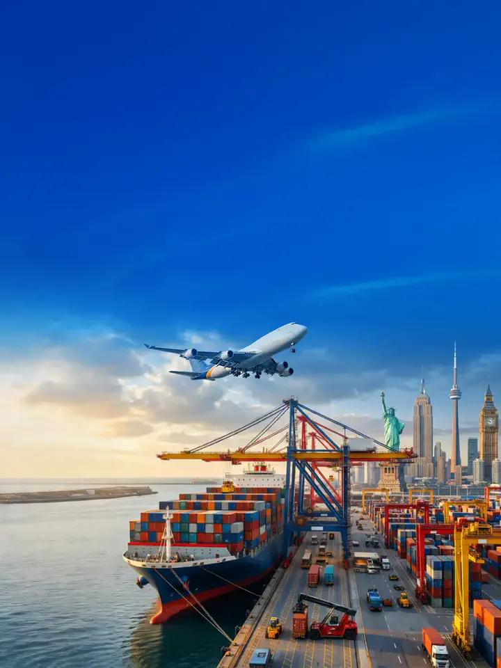 Ever Ocean logistics banner with cargo shipping containers, cranes, and port operations