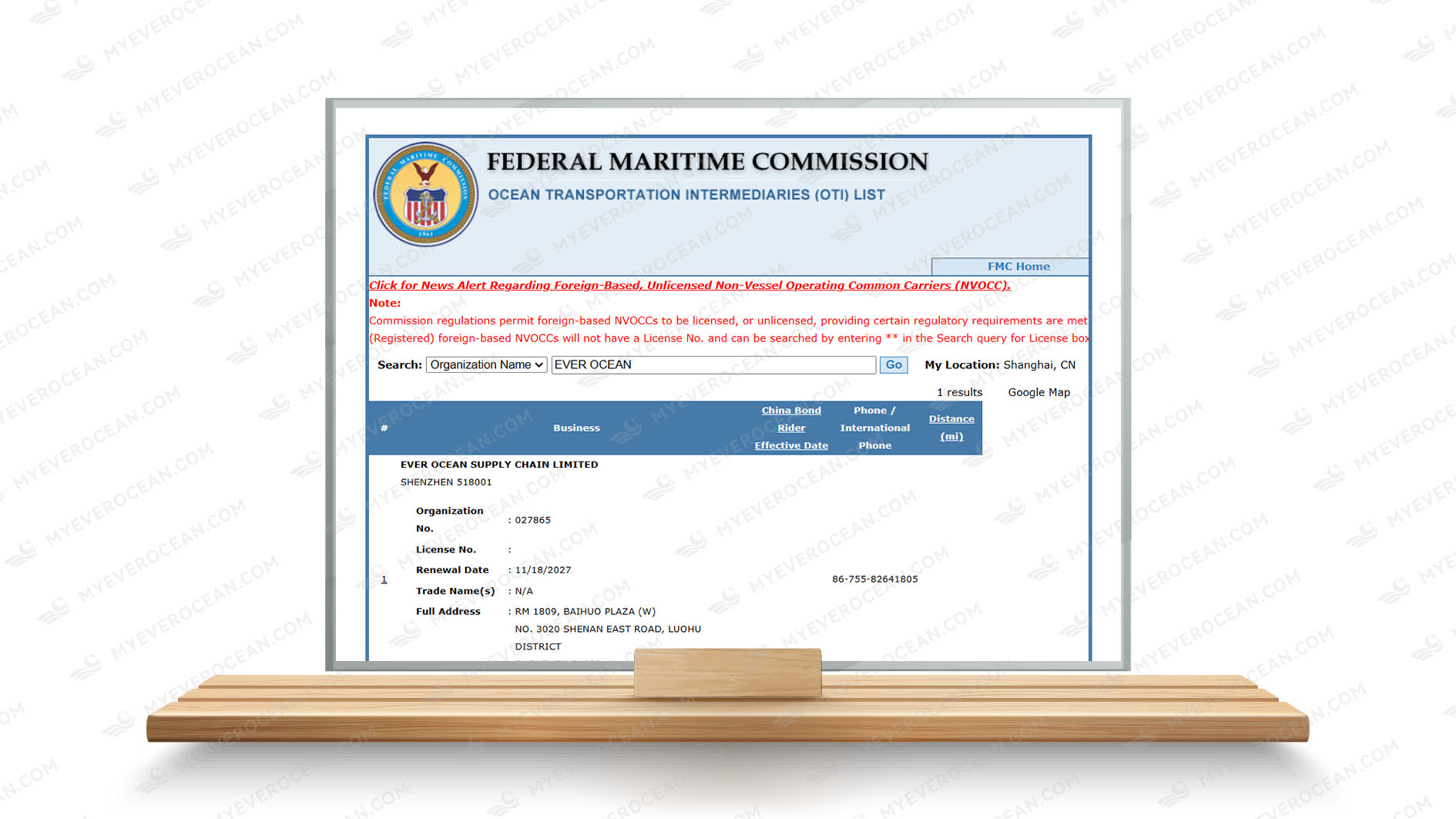 Federal Maritime Commission FMC organization record for Ever Ocean